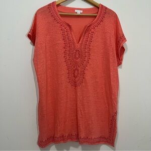 J. Jill 100% Love Linen L Embroidered Cap Sleeves V-Neck Tunic top blouse Coral